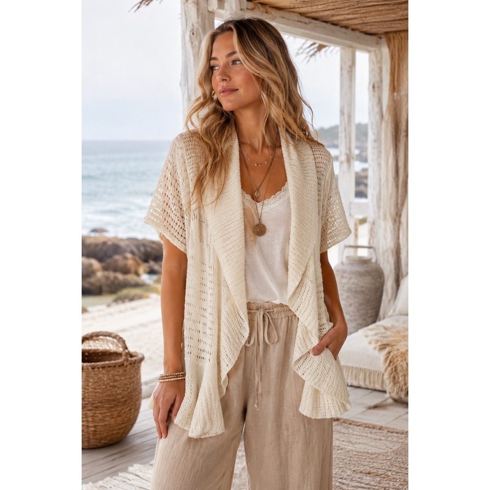 Absolutely Famous Ivory Pointelle Knit Open Front Cardigan Ruffle Hem XL